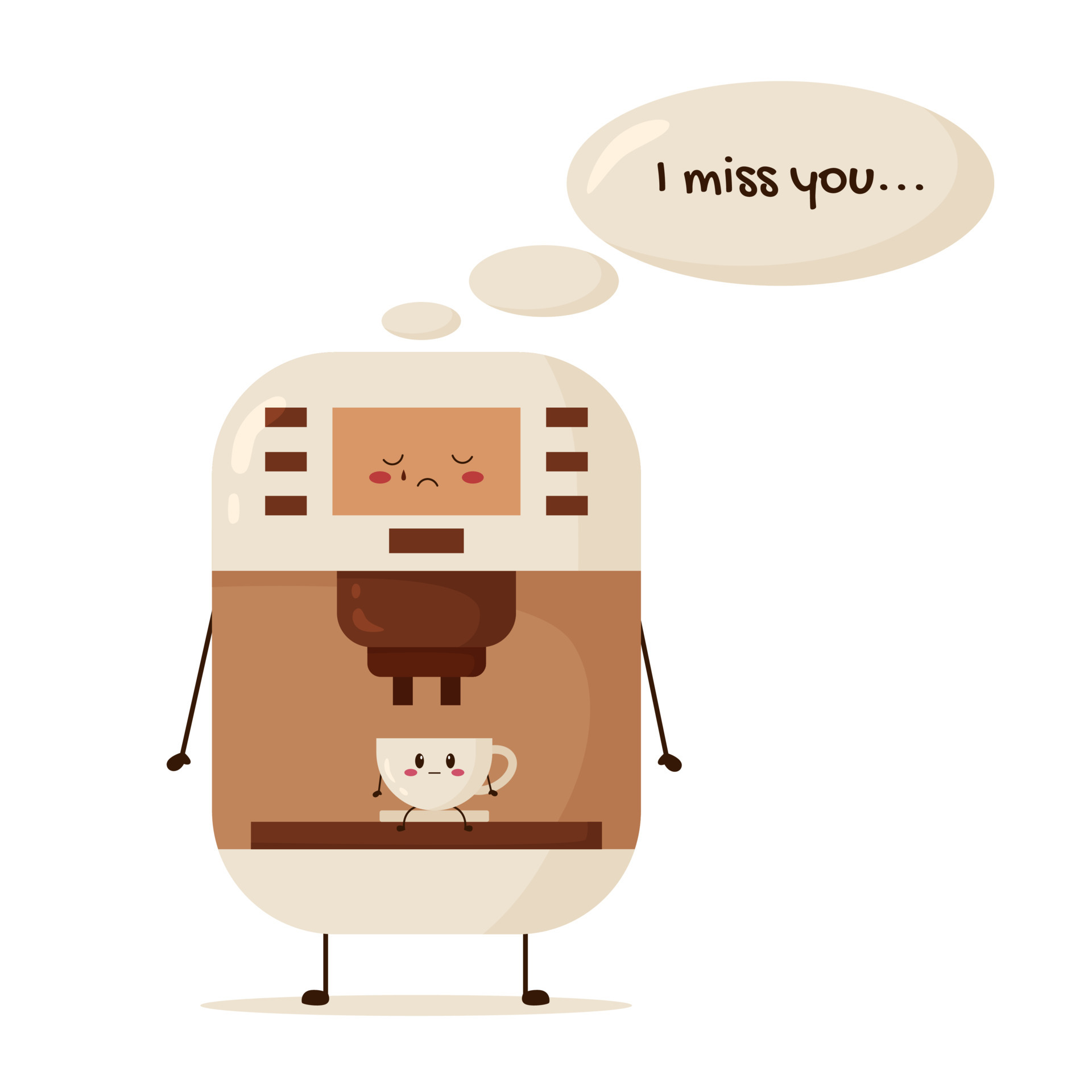 Print of cute sad coffee machine and cup character with text. Flat vector  illustration in cartoon style isolated on white background. 4933870 Vector  Art at Vecteezy