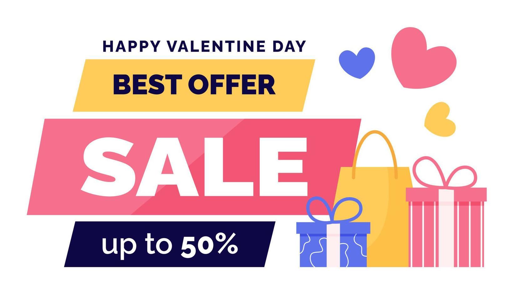 Template of banner for Valentine's Day Sale with present boxes and heart shapes. Flat vector illustration.