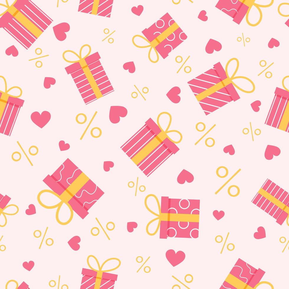 Seamless pattern for Valentine's Day Sale with present boxes, heart shapes, and percents. Flat vector illustration.