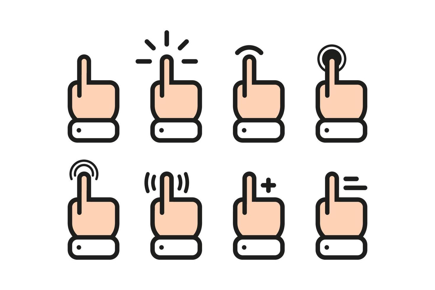 conjunto de cursor del mouse con el dedo en varios gestos. iconos para dispositivos móviles con pantalla táctil. vector en diseño plano