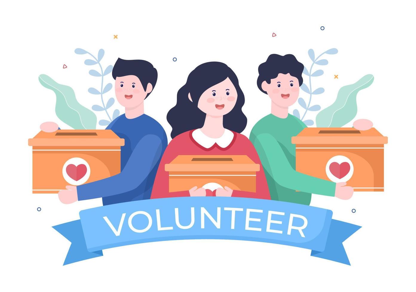 Love Charity or Giving Donation via Volunteer Team Worked Together to Help and Collect Donations for Poster or Banner in Flat Design Illustration vector