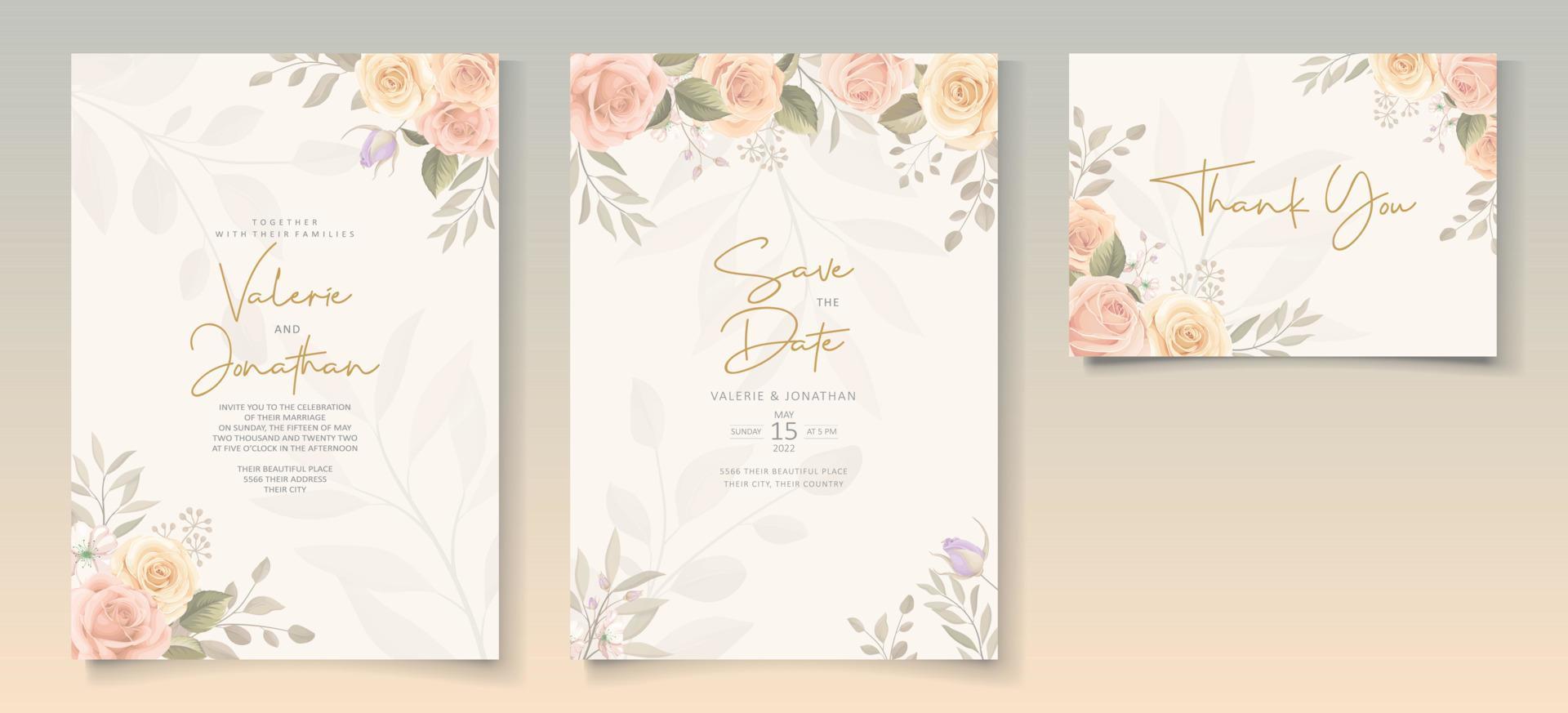 conjunto de hermosa plantilla de invitación de boda floral de color suave vector