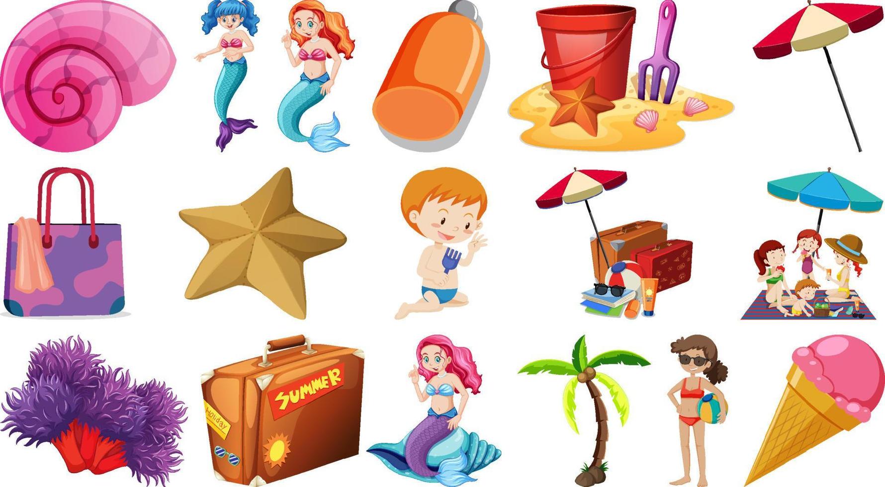 Set of summer beach objects and cartoon characters vector