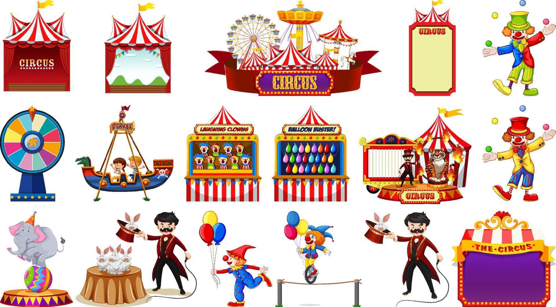 conjunto de personajes de circo y elementos del parque de atracciones. vector