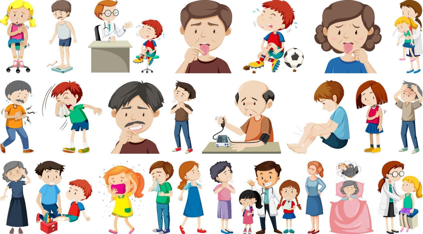 Set of sick people with different symptoms vector