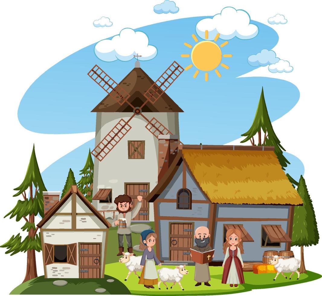 Medieval town with villagers on white background vector
