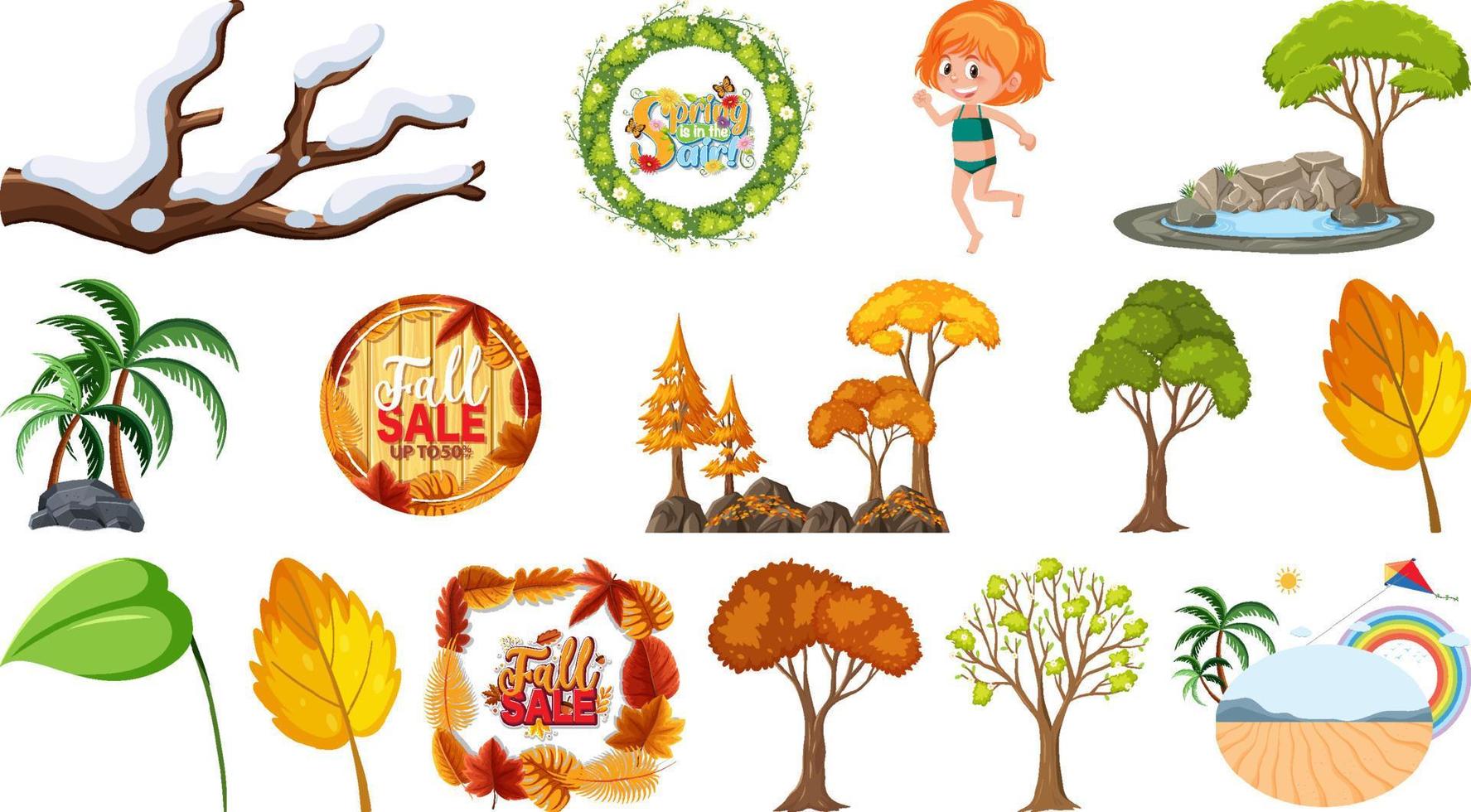 Set of four seasons trees and nature objects vector