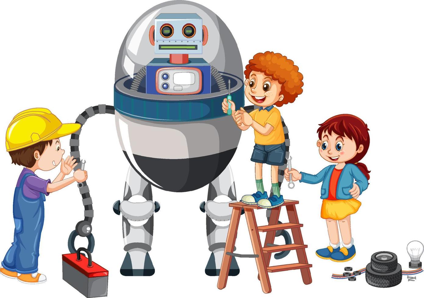 Children fixing a robot together vector