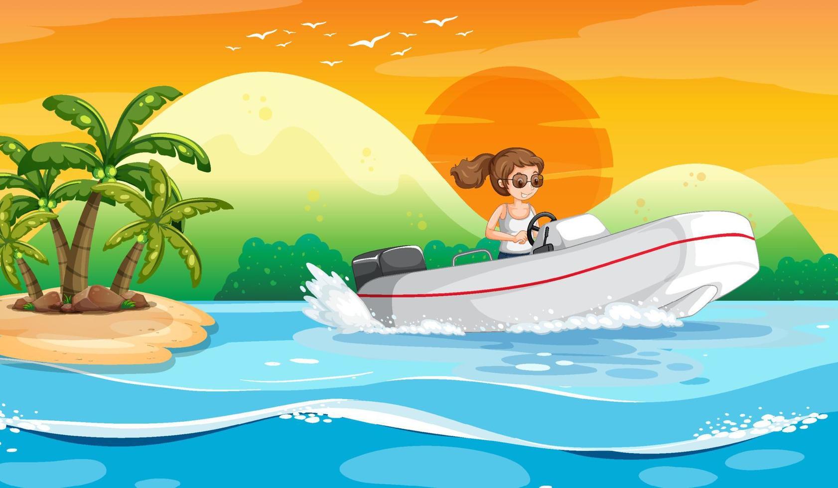 Ocean wave scenery with a woman driving a boat vector