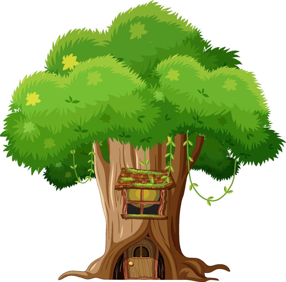 Fantasy tree house inside tree trunk on white background vector