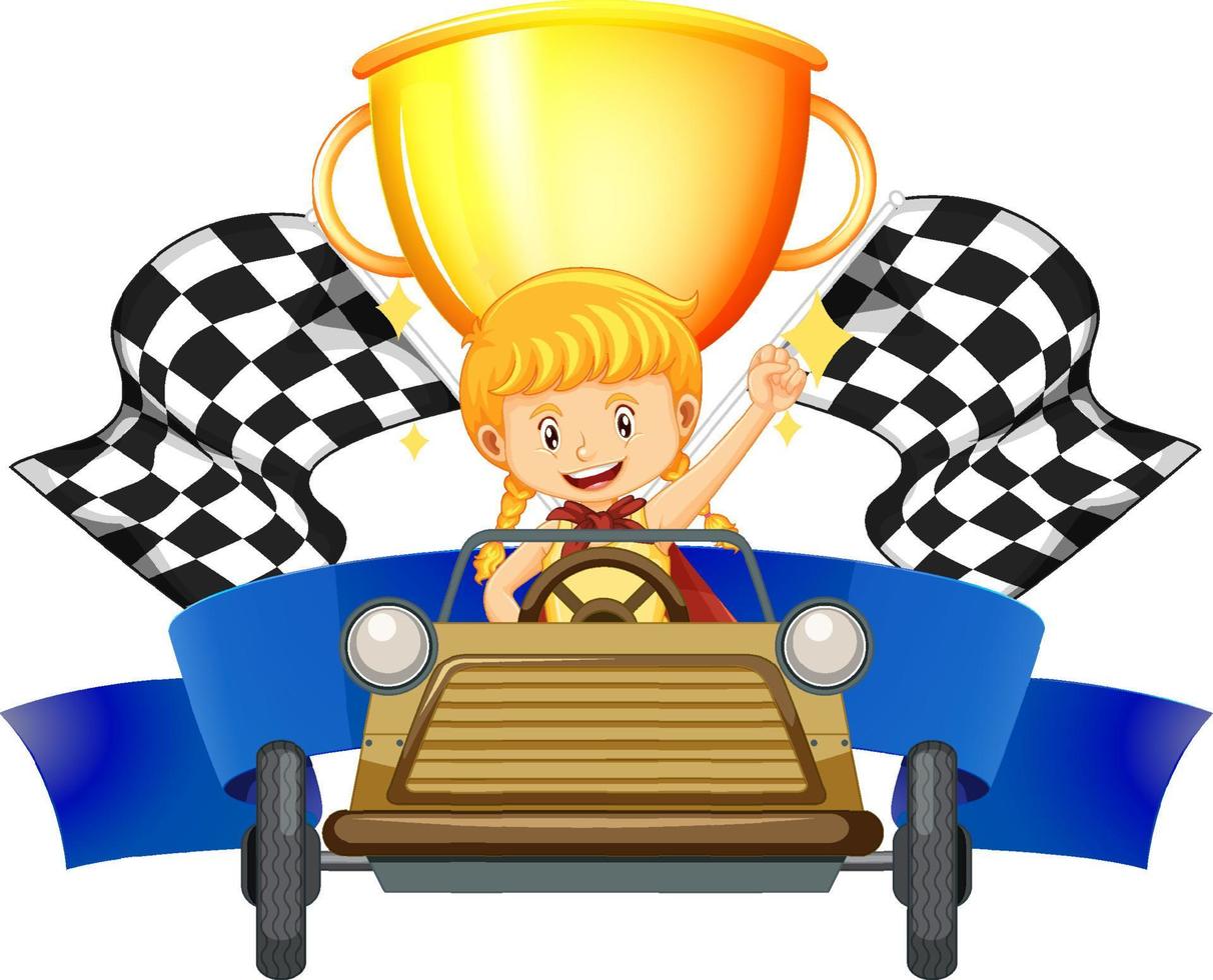 Girl car racer on trophy and race flag vector