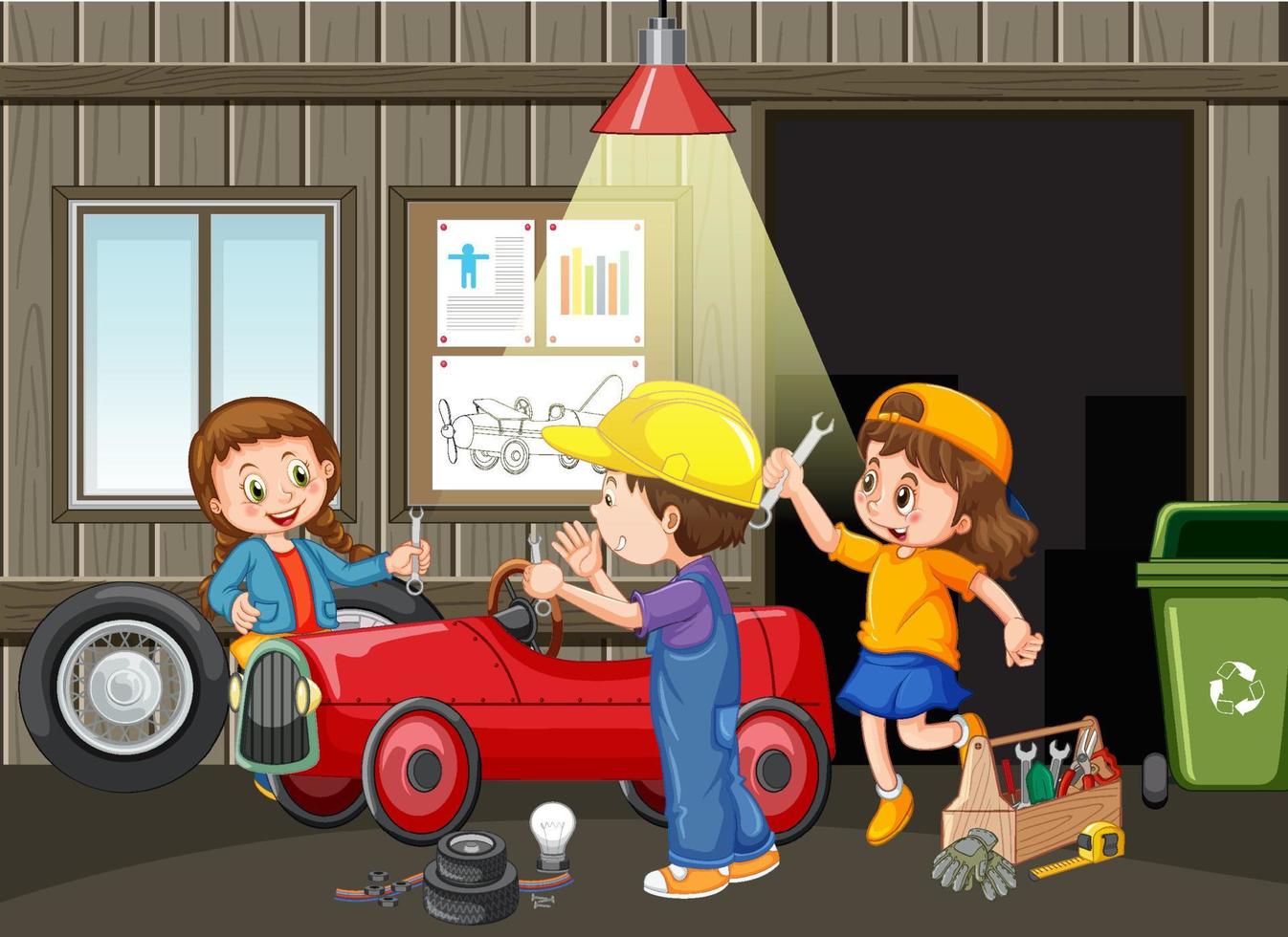 Children repairing a car together in the garage vector
