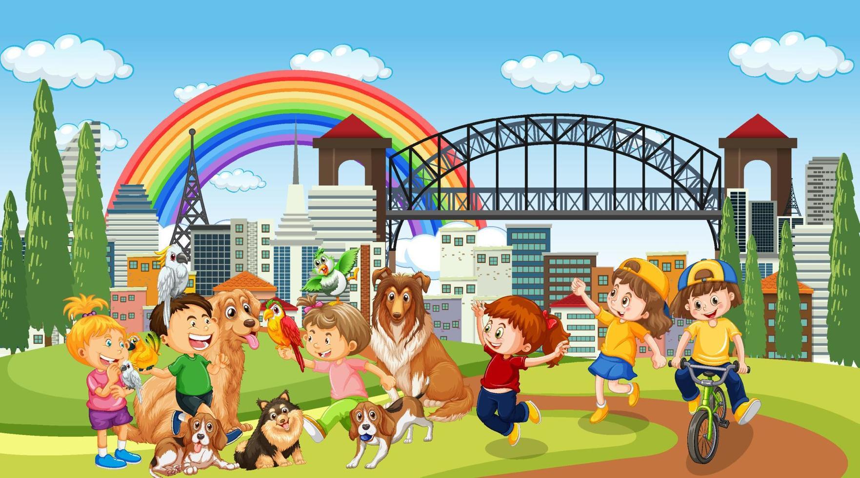 Park scene with children playing with their animals vector