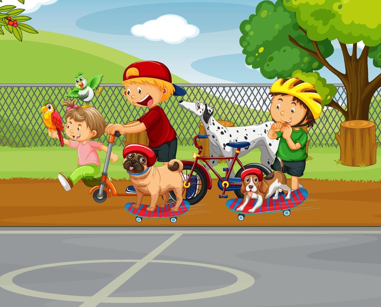 Park scene with kids playing with their animals vector