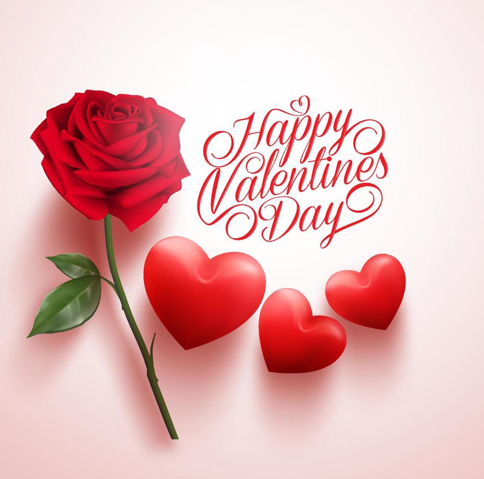 3D Realistic Red Rose and Hearts with Happy Valentines Day Message. Vector Illustration