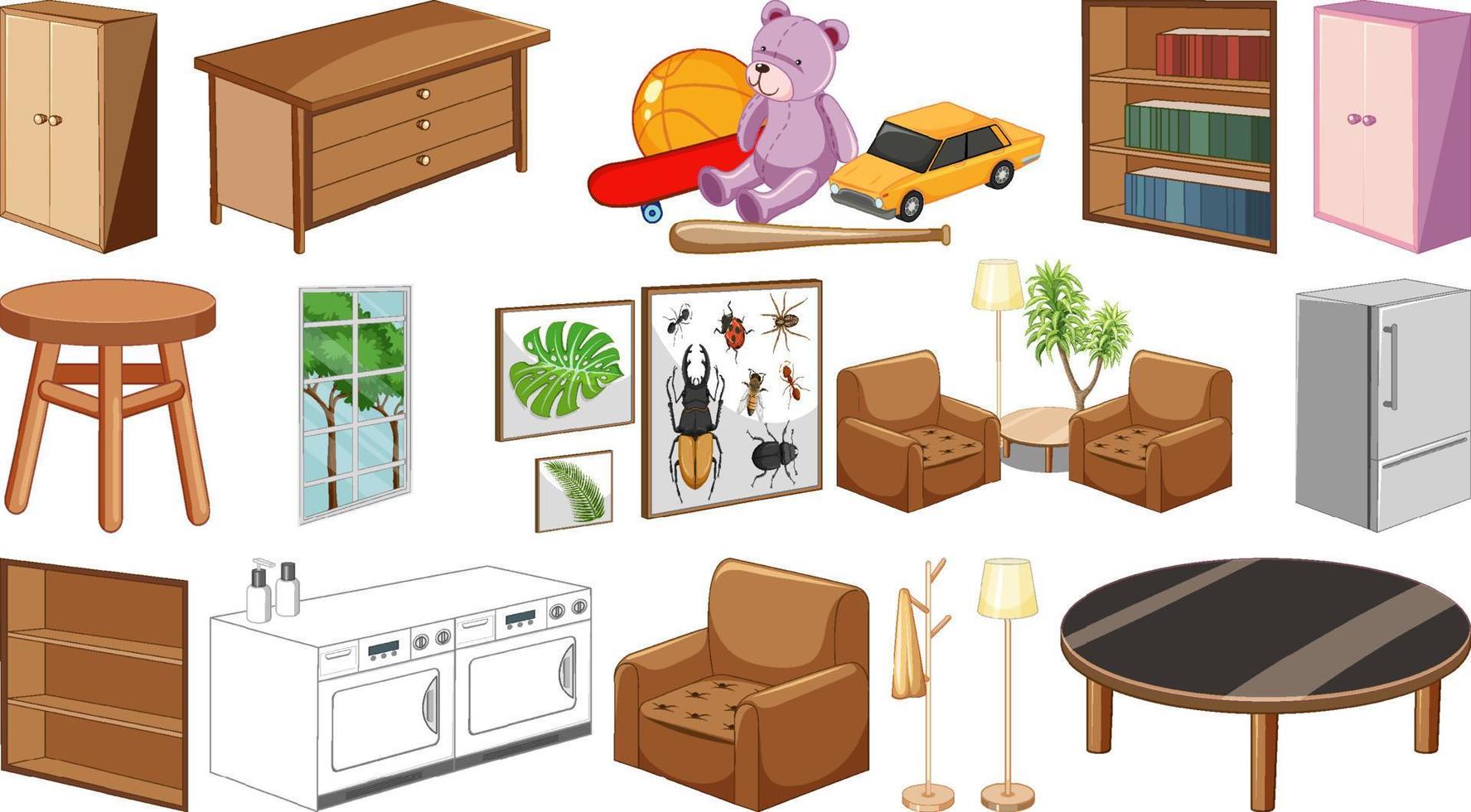 conjunto de muebles y decoraciones de interior vector