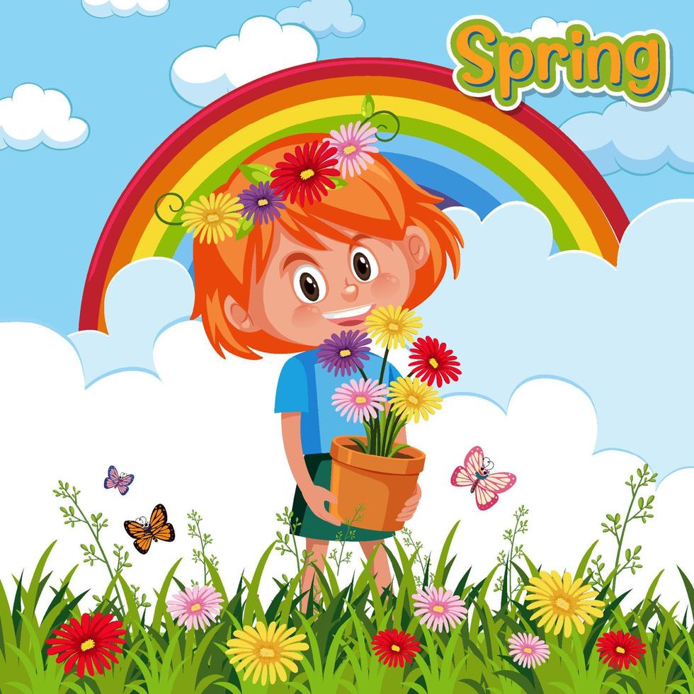 Happy girl holding flower pot in the garden vector