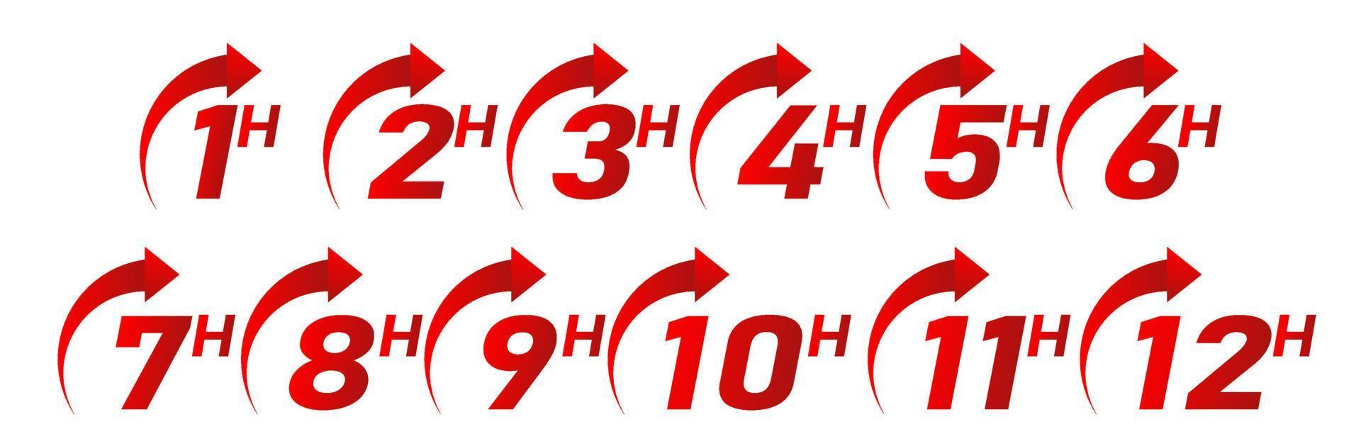 Clock arrow 1, 2, 3, 4, 5, 6, 7, 8, 9, 10, 11 and 12 hours order execution or delivery service icons. Vector illustration. Set of delivery service time icons.