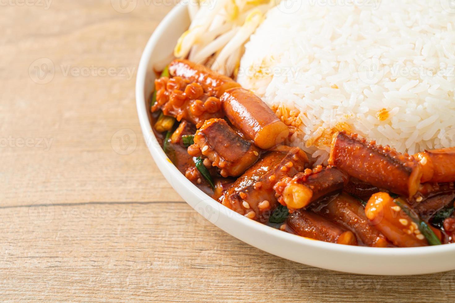 Stir-fried squid or octopus with Korean spicy sauce rice bowl photo