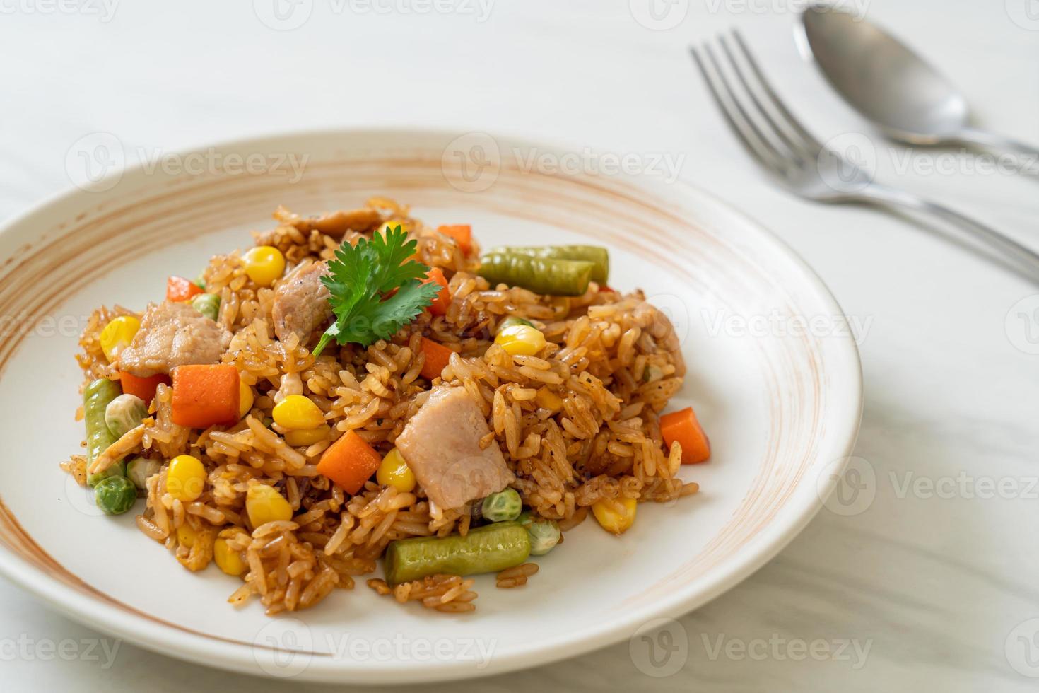 arroz frito de cerdo en un plato blanco foto