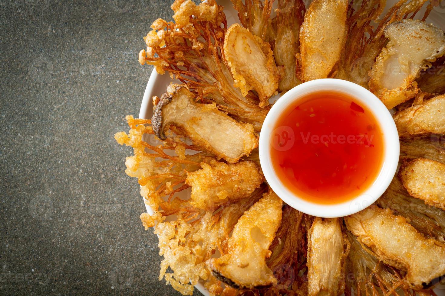 deep fried Enoki mushroom and King Oyster mushroom with spicy dipping sauce photo