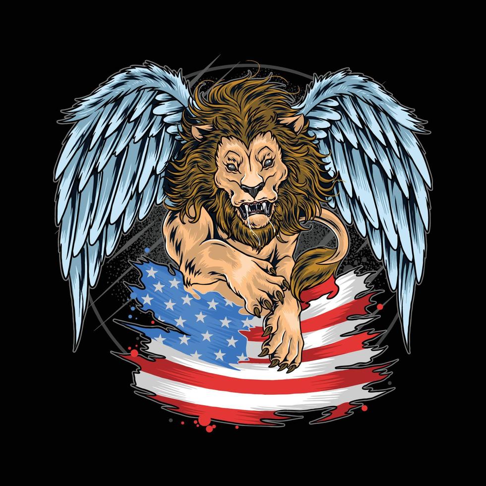 a lion with wings holding an american flag vector