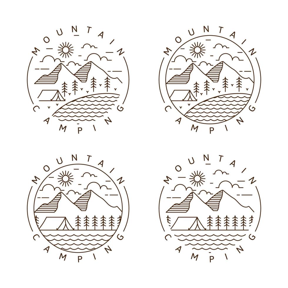 Set of mountain and camping monoline or line art style vector illustration