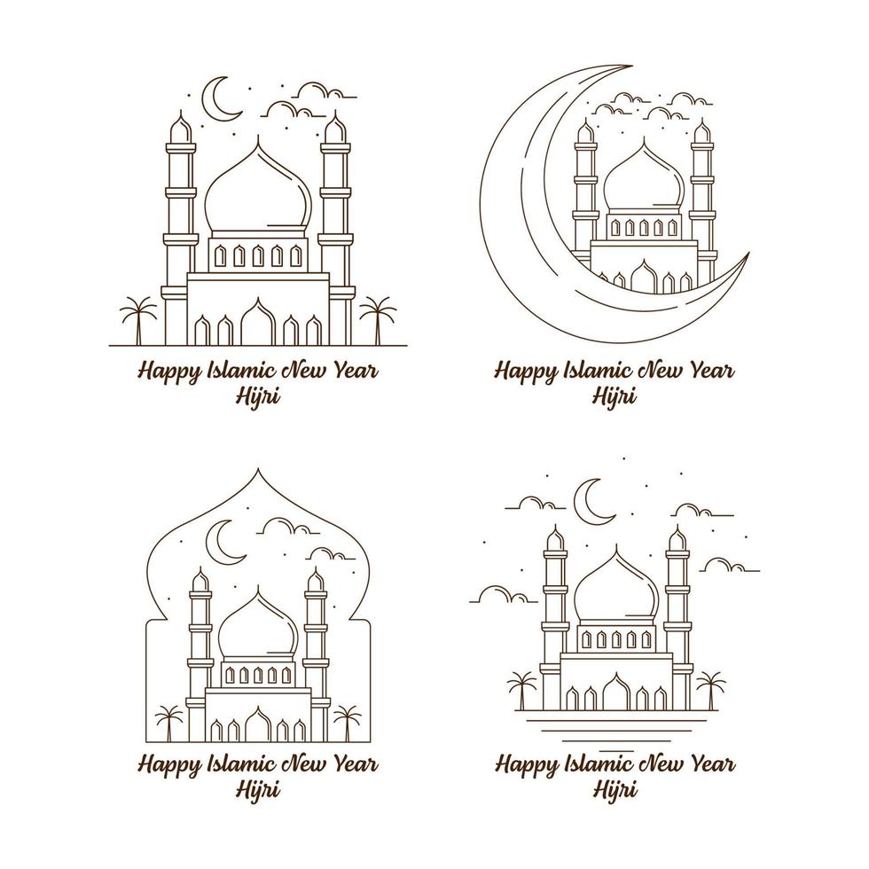 Set of happy islamic new year hijri monoline or line art style vector illustration