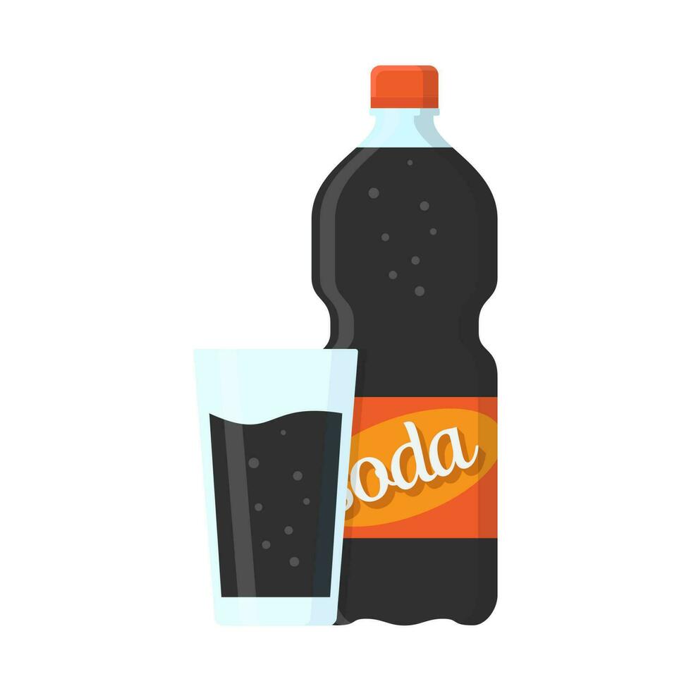 refresco, botella de refresco y vaso lleno de ilustración plana de refresco vector