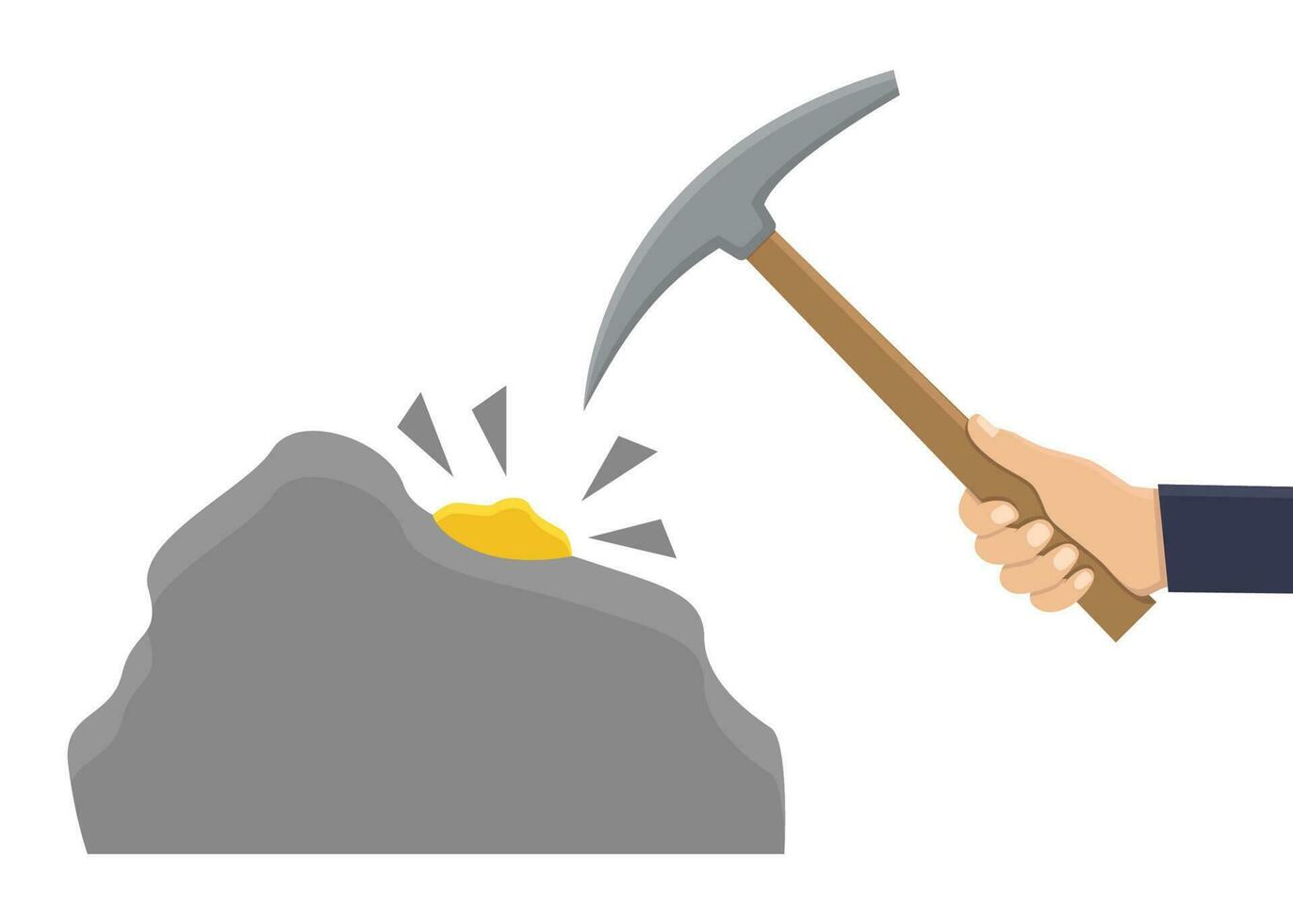Mining, hand hold mattock, find gold on white background flat illustration vector