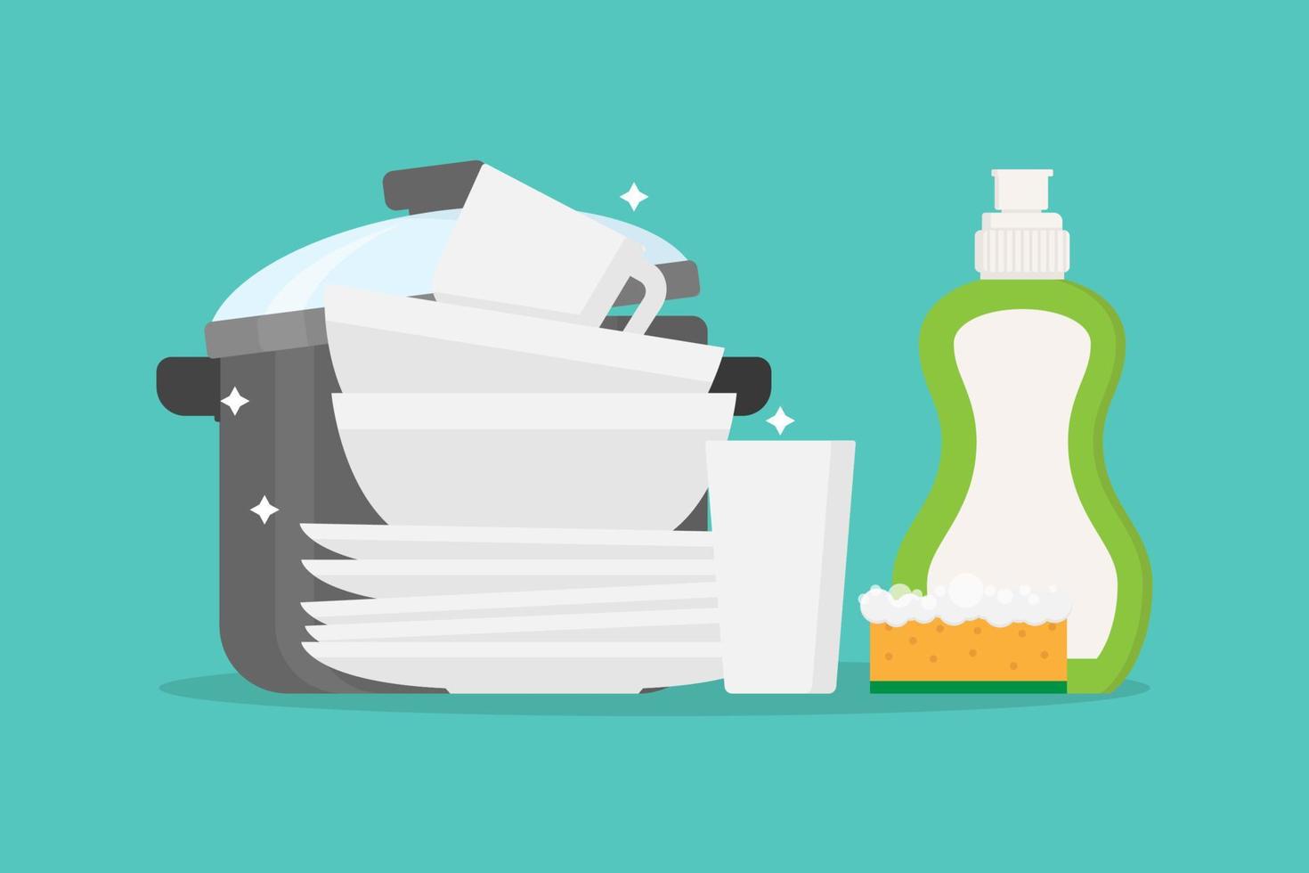 Dishes, clean pan and dish soap flat design illustration vector