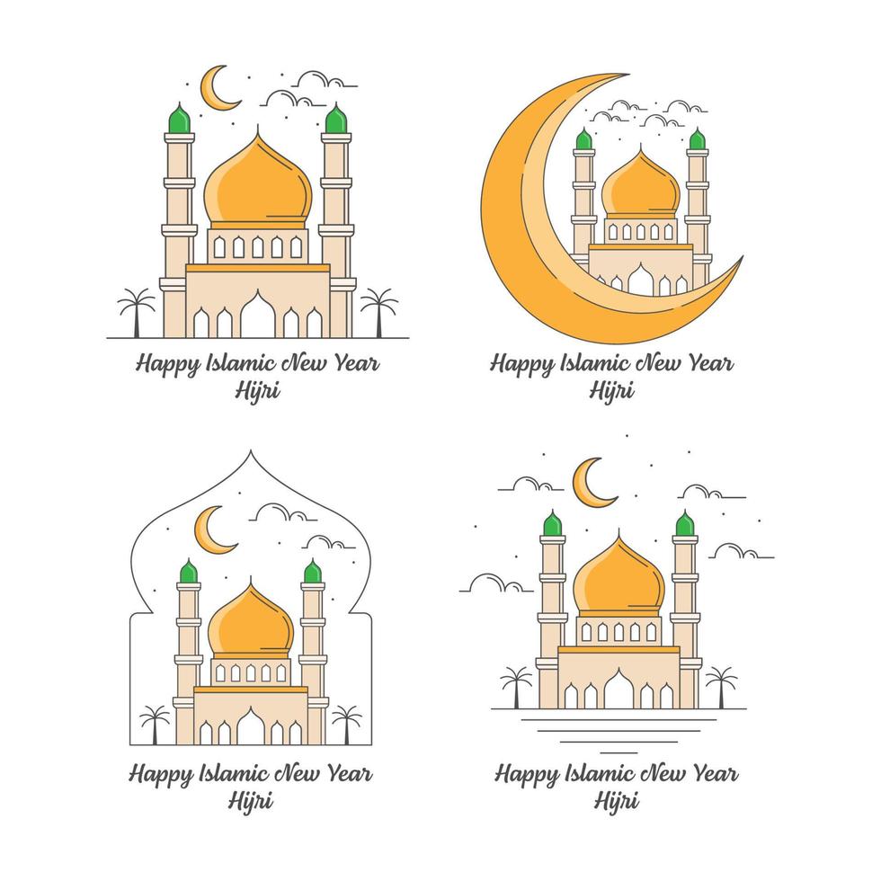 Set of happy islamic new year hijri monoline or line art style vector illustration