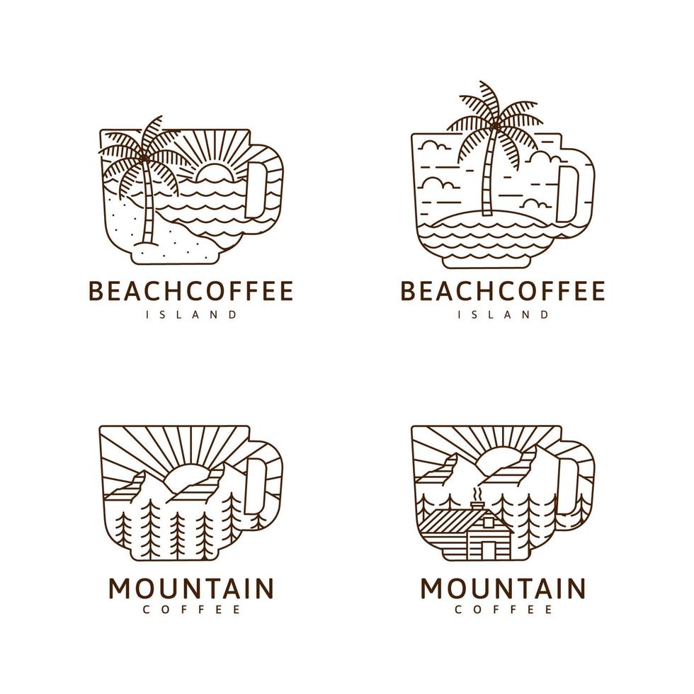 Collection mug, beach, island, mountain, cabin illustration monoline or line art style vector