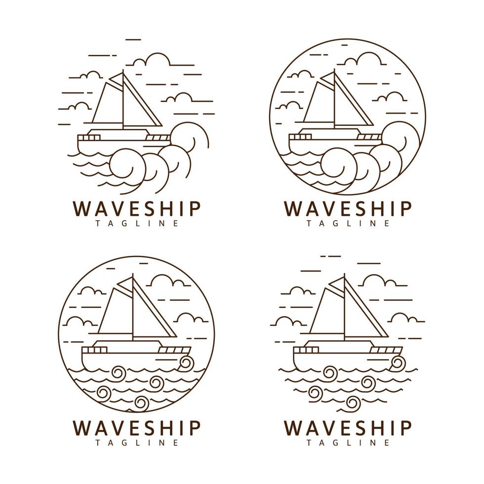 Collection sailing ship and waves illustration monoline or line art style vector