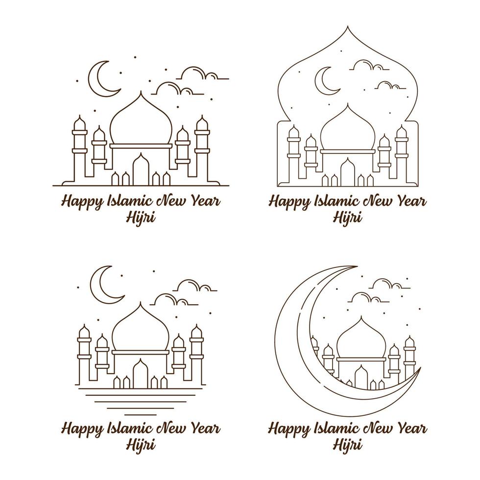 Set of happy islamic new year hijri monoline or line art style vector illustration