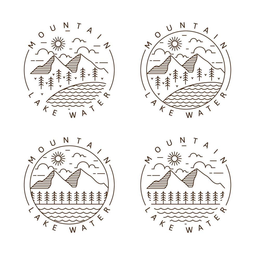 Set of mountain and lake monoline or line art style vector illustration