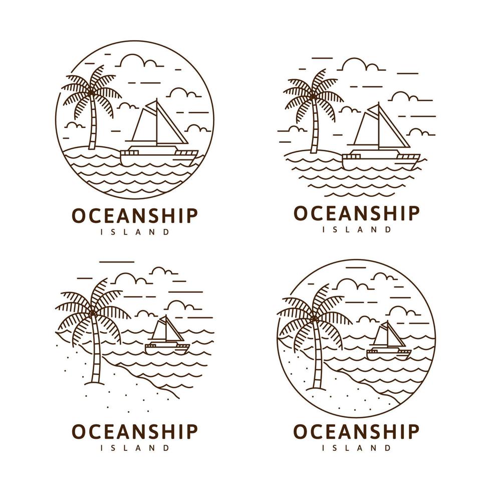 Collection island and sailing boat illustration monoline or line art style vector