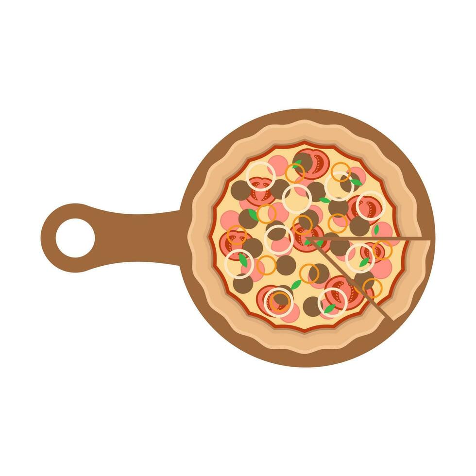 deliciosa pizza, pizza de pala de madera y rebanada de pizza ilustración plana vector