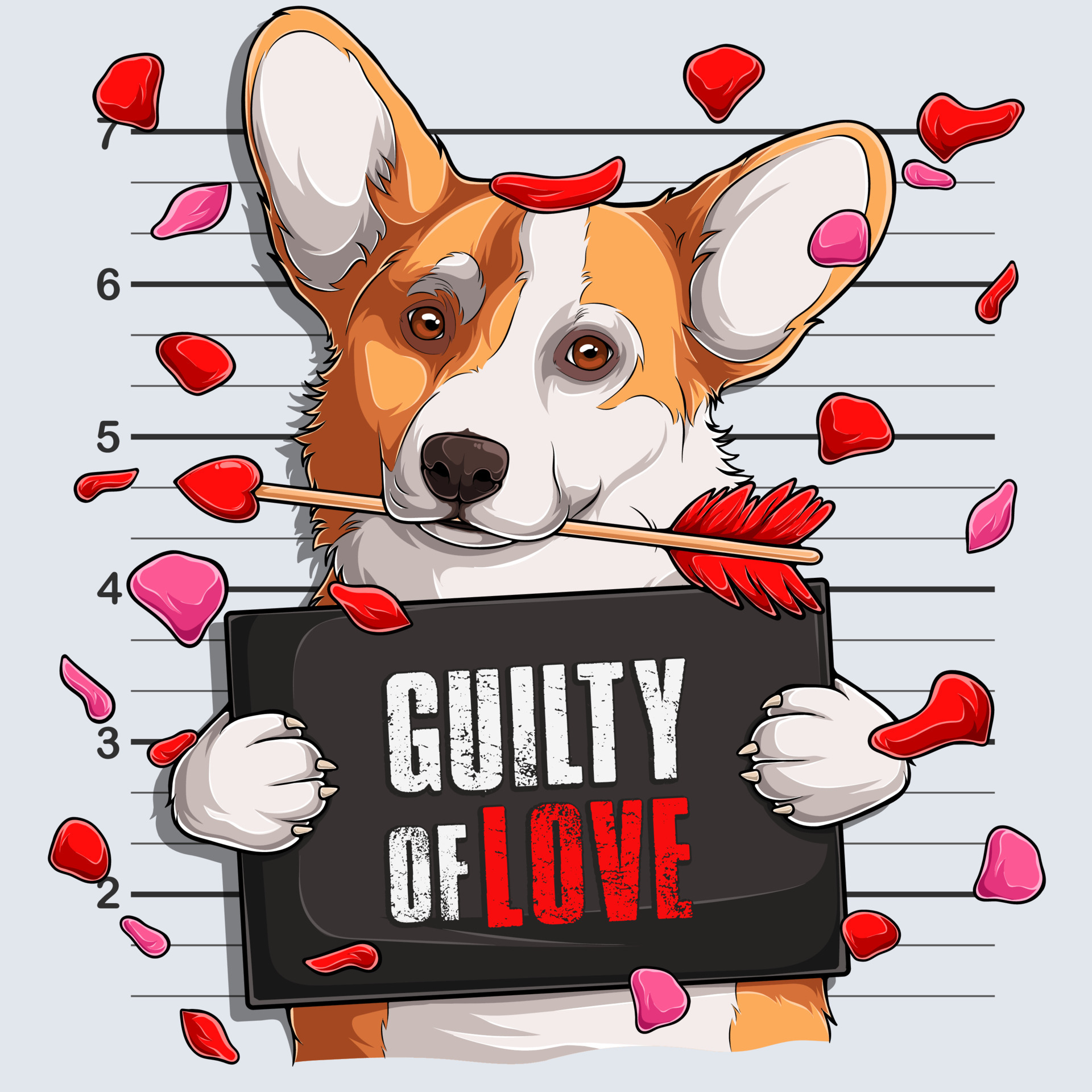 Funny Valentine's day Welsh Corgi dog Mugshot with a cupid's arrow in his  mouth guilty of love 4936826 Vector Art at Vecteezy