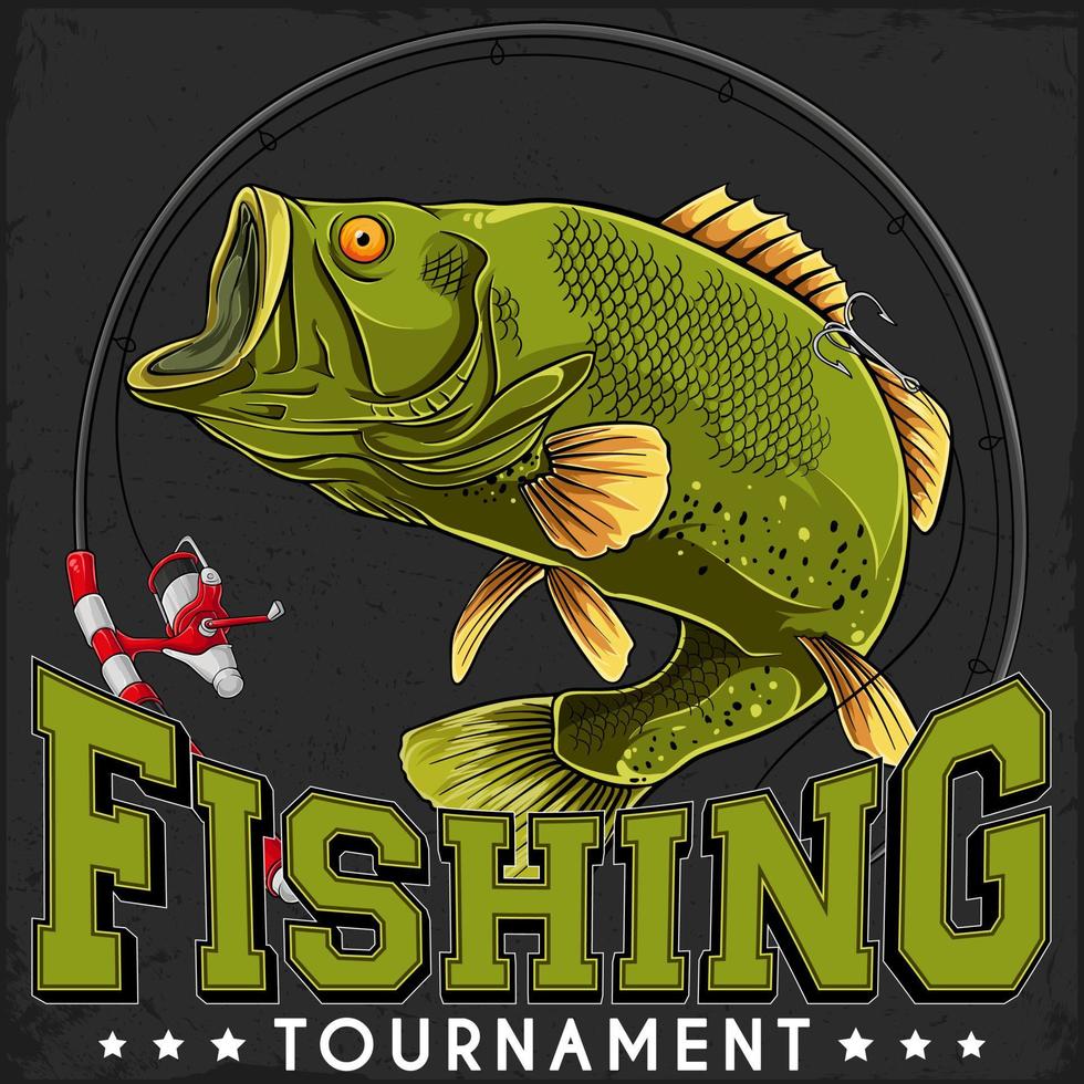 Fishing tournament poster with largemouth bass fish and fishing