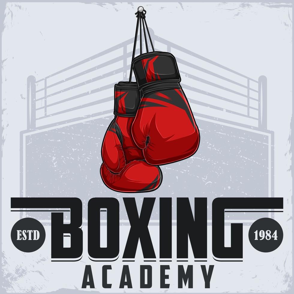 cartel de la academia, clubes y competiciones de boxeo vintage con guantes de boxeo y la arena detrás vector