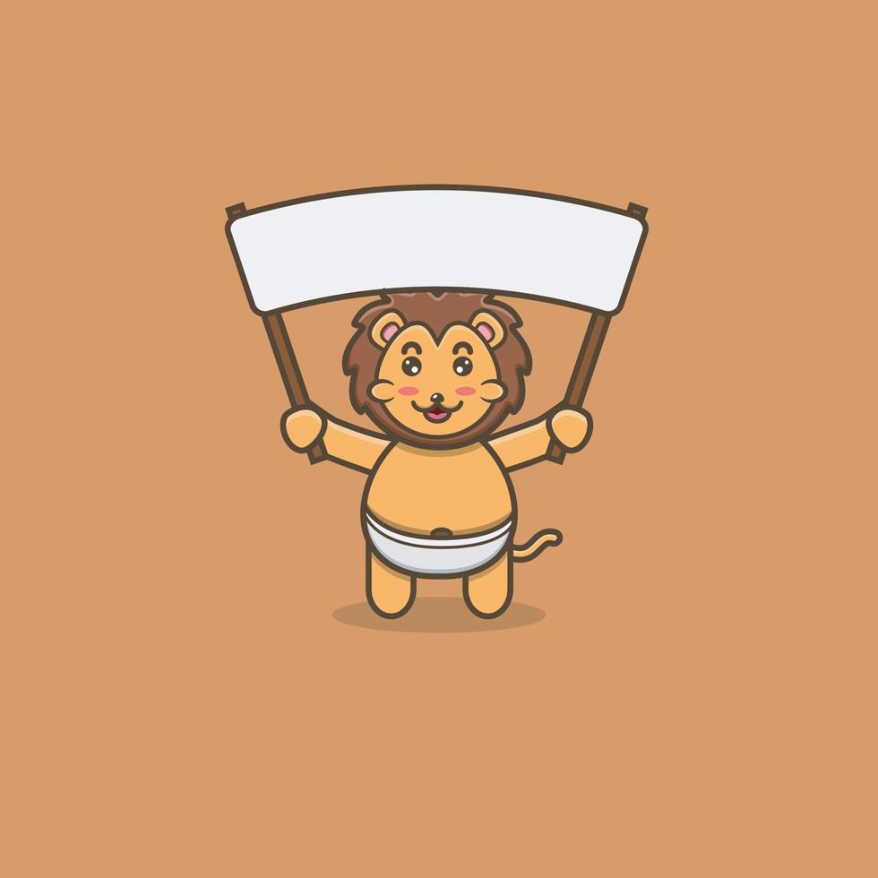lindo bebé león trae pancarta en blanco. personaje, mascota, icono, logotipo, dibujos animados y lindo diseño. vector