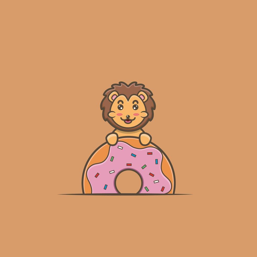 Cute Baby Lion Donuts. Character, Mascot, Icon, Logo, Cartoon and Cute Design. vector
