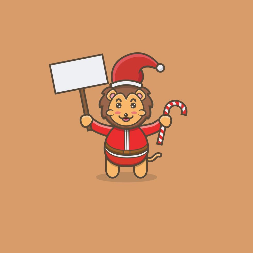 Cute Baby Lion Christmas With Blank Banner And Candy. Character, Mascot, Icon, Logo, Cartoon and Cute Design. vector