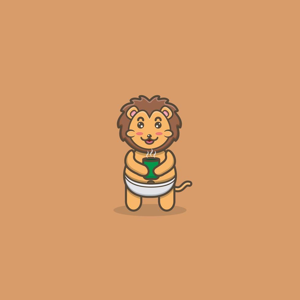 Cute Baby Lion With Tea. Character, Mascot, Icon, Logo, Cartoon and Cute Design. vector