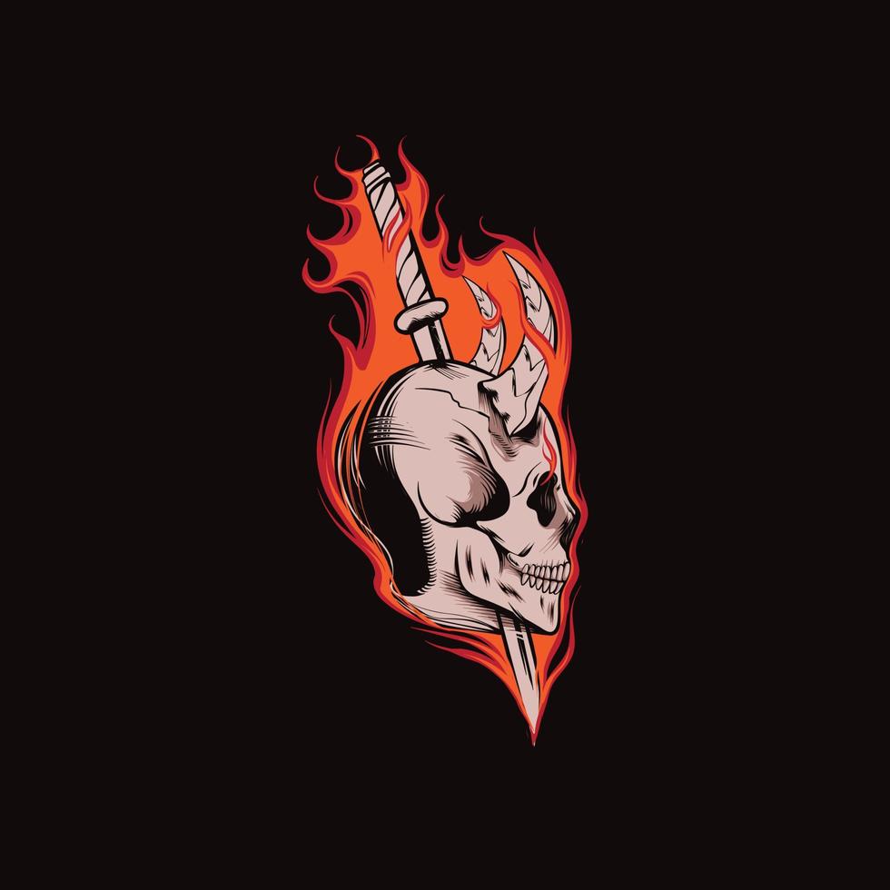 fire head skull and sword illustration for t-shirt design and print vector