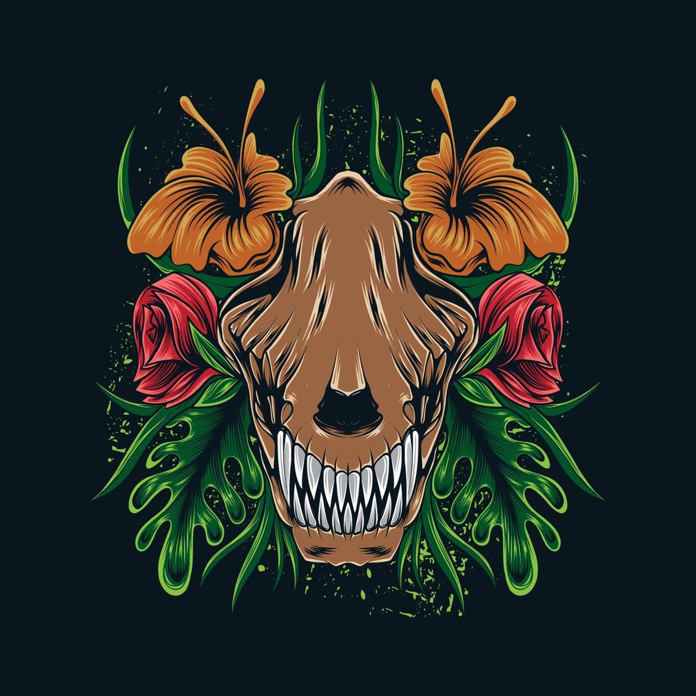 wolf head skull illustration in floral style for t shirt design and print vector