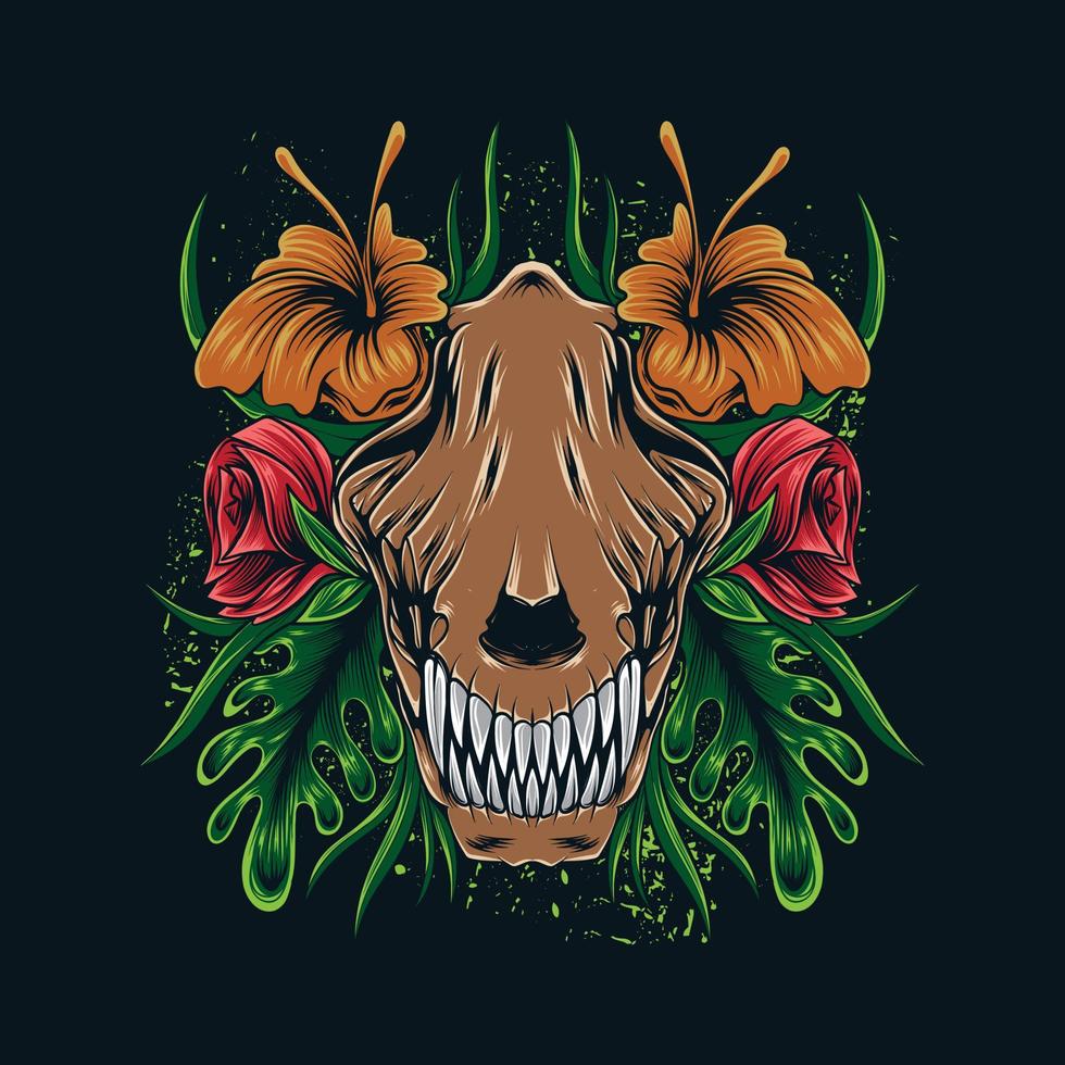 Ilustración de cráneo de cabeza de lobo en estilo floral para diseño e impresión de camisetas vector