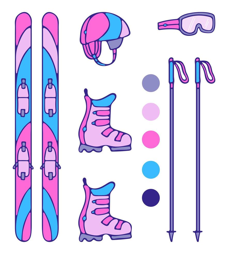 Set of ski equipment vector doodle illustration. Skis, ski boots, ski poles, helmet, glasses in trend colors of 2022.