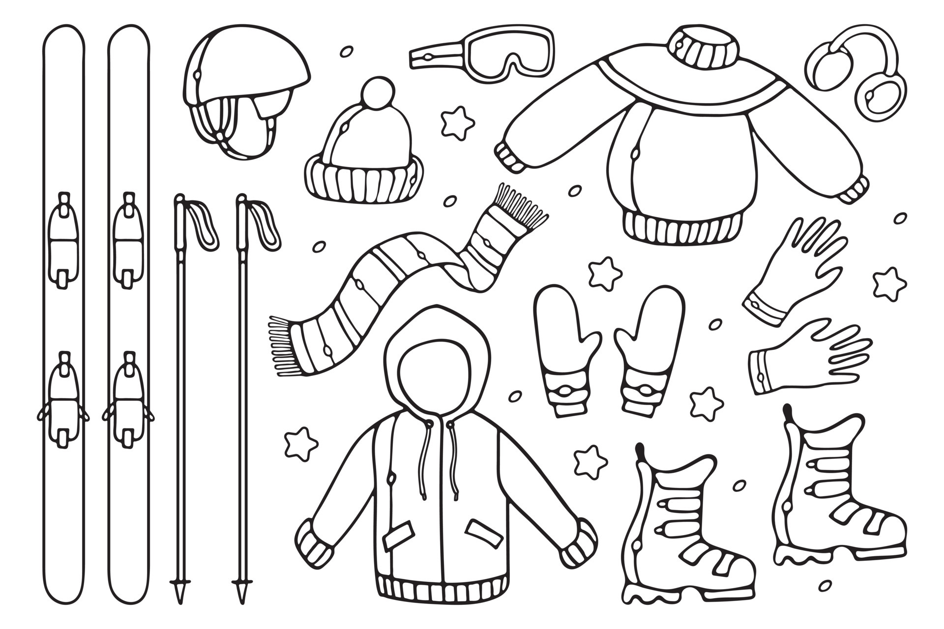 Skis and winter clothes for skiing set equipment isolated on ...
